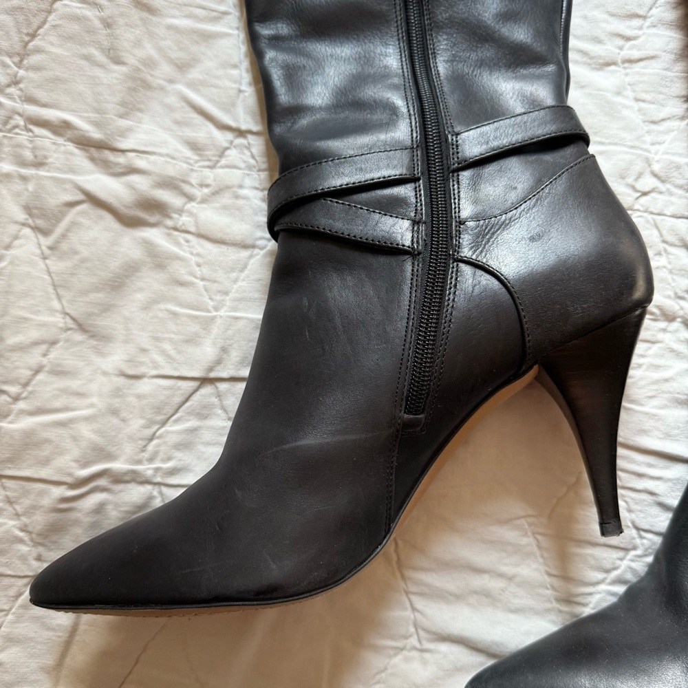 Vince Camuto Women’s Black Leather Strap Knee High Heel Boots - Picture 7 of 16